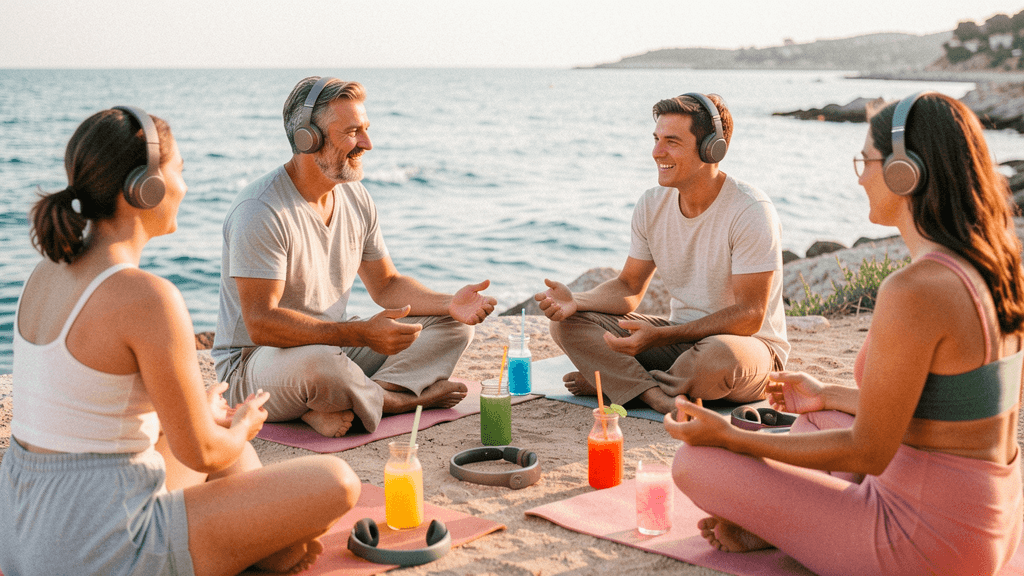Sahil akışından sonra içecekleriyle sohbet eden Silentflow topluluğu