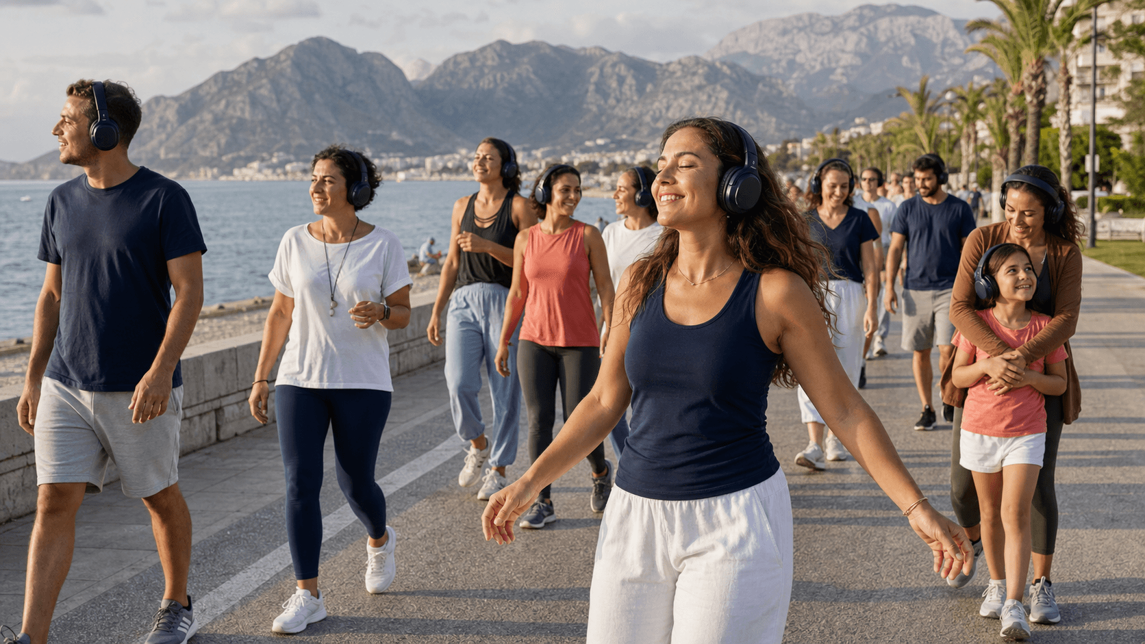 Kulaklıklarla açık havada ortak yoga deneyimine katılan insanlar